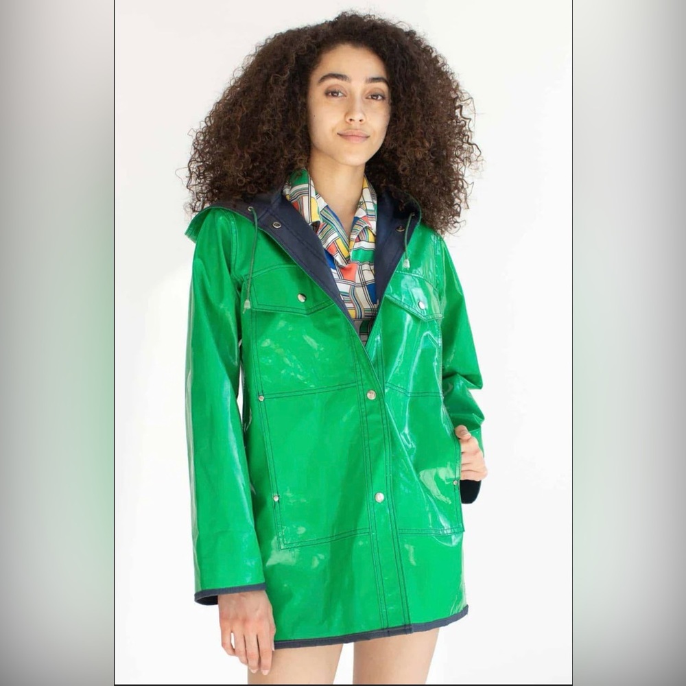 Vintage Ms Sport Green Patent Raincoat with Hood Raincoat Jacket